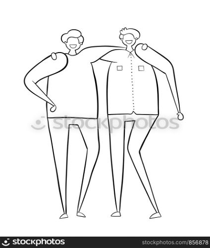 Two friends put their hands on each other's shoulders. Black outlines and white.
