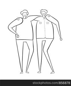 Two friends put their hands on each other's shoulders. Black outlines and white.
