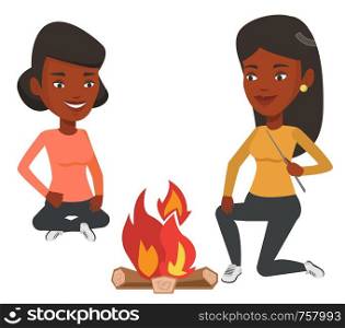 Two friends sitting around bonfire. Young friends having fun in camping. Tourists relaxing near campfire. Concept of travel and tourism. Vector flat design illustration isolated on white background.. Two friends sitting around bonfire in camping.