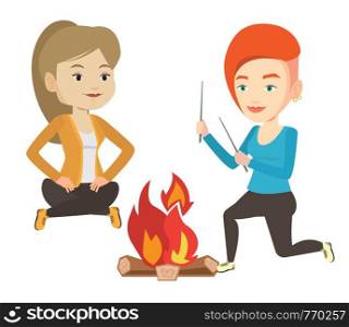 Two friends sitting around bonfire. Young friends having fun in camping. Tourists relaxing near campfire. Concept of travel and tourism. Vector flat design illustration isolated on white background.. Two friends sitting around bonfire in camping.
