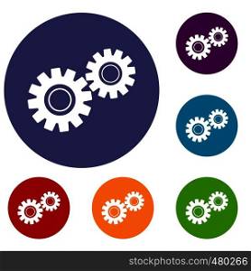 Two gears icons set in flat circle red, blue and green color for web. Two gears icons set