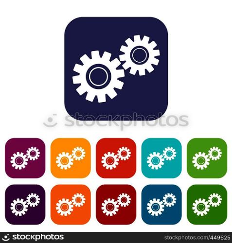 Two gears icons set vector illustration in flat style In colors red, blue, green and other. Two gears icons set flat