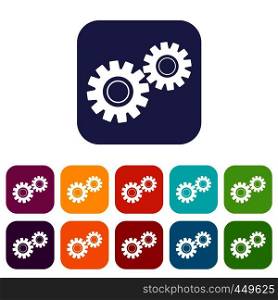 Two gears icons set vector illustration in flat style In colors red, blue, green and other. Two gears icons set flat