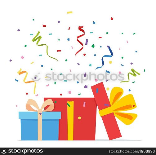 Two gift boxes with confetti. Present package with bursting elements, surprise inside. Template design for surprise, celebration event, presents, birthday, Christmas. Vector illustration in flat style. Two gift boxes with confetti.