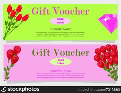 Two gift vouchers with red flowers and pink diamond for 100 and 300 dollars with name of company vector illustration in cartoon syle.. Two Gift Vouchers for 100 and 300 Dollars Flat