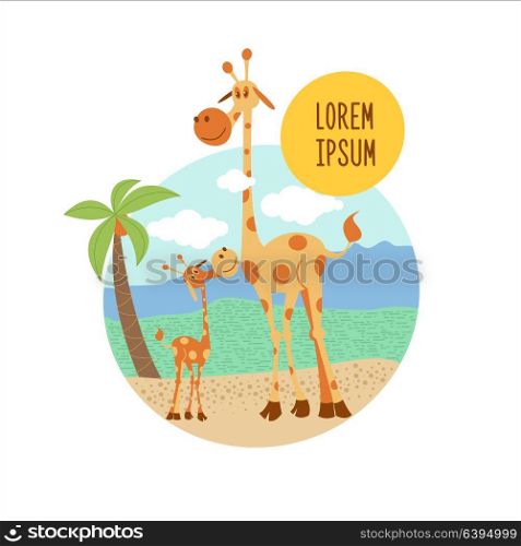Two giraffe. Vector illustration. Cute cartoon giraffe, big giraffe and little giraffe baby. The African animals. Isolated on white background