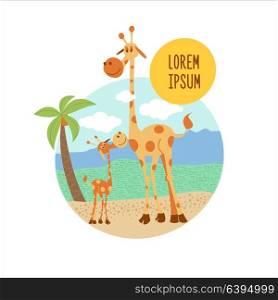 Two giraffe. Vector illustration. Cute cartoon giraffe, big giraffe and little giraffe baby. The African animals. Isolated on white background