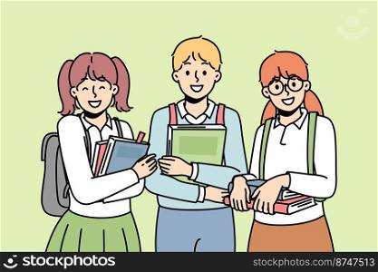 Two girl, boy with college bags stands together, keep textbooks, smiles. Back to school. Schoolchildren like to study. Smart students enjoy learning at university. Vector illustration.. Schoolchildren keep textbooks, like to study.