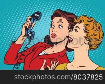 Two girlfriends and a telephone pop art retro vector. Retro smartphones and communication. Two girlfriends and a telephone
