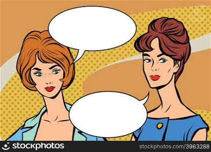 Two girlfriends retro women, vector retro pop art. Girls talk. Beautiful vector women