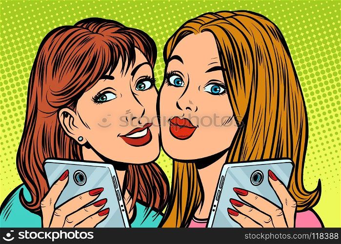 two girlfriends selfie smartphone. Pop art retro vector illustration kitsch vintage drawing. two girlfriends selfie smartphone