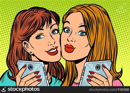 two girlfriends selfie smartphone. Pop art retro vector illustration kitsch vintage drawing. two girlfriends selfie smartphone