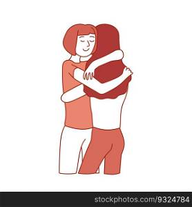Two girls are hugging. Simple hand drawn line art symbolizes friendship, love and support. Pale orange colors. Isolated on white background