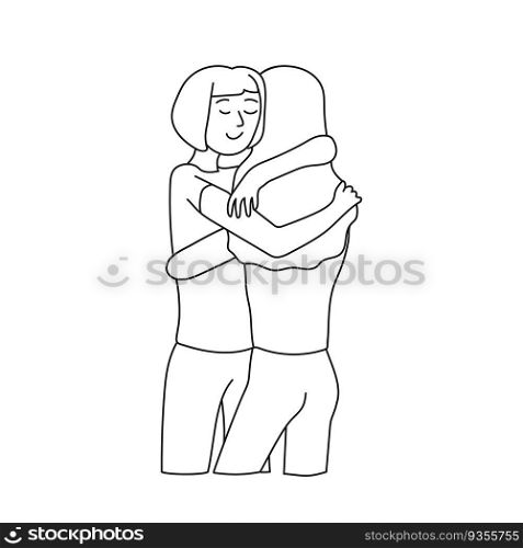 Two girls are hugging. Simple hand drawn line art symbolizes friendship, love and support. Isolated on white background