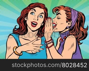 Two girls girlfriends gossiping pop art retro vector. Beautiful women lifestyle. Two girls girlfriends gossiping
