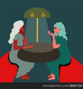 Two girls gossiping. Girlfriends on sofas with dim lighting. Flat Cartoon style. Vector illustration.. Two girlfriends gossiping.