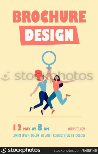 Two girls holding female symbol. Women with venus sign celebrating woman day flat vector illustration. Girl power, empowerment, feminism concept for banner, website design or landing web page