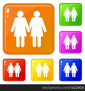 Two girls lesbians icons set collection vector 6 color isolated on white background. Two girls lesbians icons set vector color
