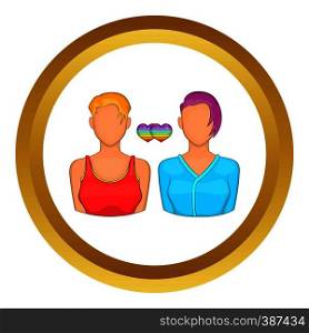 Two girls lesbians vector icon in golden circle, cartoon style isolated on white background. Two girls lesbians vector icon