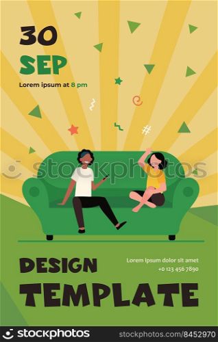 Two girls meeting at home and chatting. Friends, kids of different races flat vector illustration. Childhood, friendship, communication concept for banner, website design or landing web page