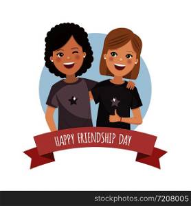 Two girls on the friendship day. United friends forever. Isolated flat vector illustration
