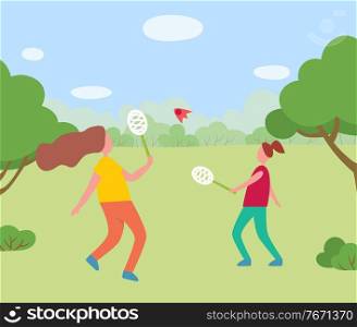 Two girls playing together in park or forest. Badminton racquet sport played using racquets to hit shuttlecock. Children have fun. Beautiful landscape cartoon, vector illustration in flat style. Two Girls Having Fun Playing Badminton Together
