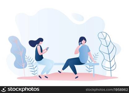 Two girls sitting on bench,female characters with smartphones,trendy style vector illustration
