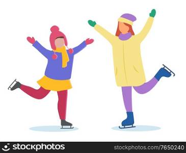 Two girls skating on rink together. Woman and kid spend leisure time actively outdoor. Happy childhood on winter holidays. People posing at skate-rink isolated. Vector illustration in flat style. Girls Skating on Rink, Active Winter Holidays