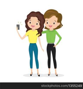 Two girls take a selfie,happy and beauty young women isolated on white background,flat vector illustration