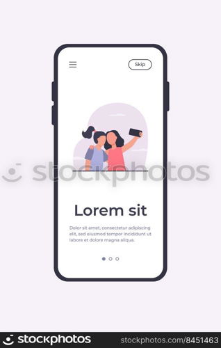 Two girls taking selfie on smartphone. Friend, phone, photo flat vector illustration. Friendship and digital technology concept for banner, website design or landing web page