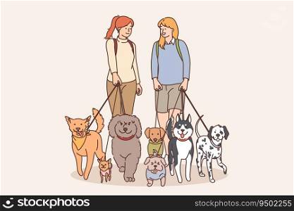 Two girls walk dogs on leashes in park and communicate enjoying spending time with animals. Women with dogs of different breeds love their own pets recommending to take puppy from shelter. Two girls walk dogs on leashes in park and communicate enjoying spending time with animals