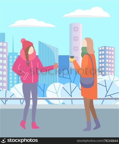 Two girls walking in winter urban park. Women outdoor drinking coffee or tea on cold weather. People standing together on street. Beautiful snowy landscape of city on background. Vector illustration. Girls Drinking Coffee Together in Winter City Park