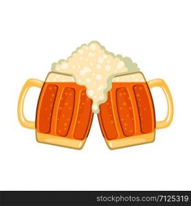 Two glass mugs of beer in flat style isolated on white background. Vector illustration.. Two glass mugs of beer in flat style isolated on white.