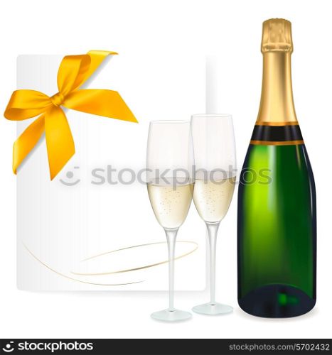 Two glasses of champagne and bottle. Vector illustration
