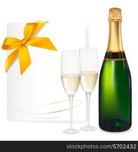Two glasses of champagne and bottle. Vector illustration