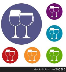 Two glasses of wine icons set in flat circle red, blue and green color for web. Two glasses of wine icons set