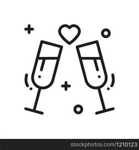 Two glasses, romantic toast line icon. Wedding sign and symbol. Binge, drink, champagne, wine. Wedding birthday holidays event greetings love theme