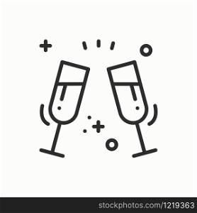 Two glasses, romantic toast line icon. Wedding sign and symbol. Binge, drink, champagne, wine. Wedding birthday holidays event greetings love theme.