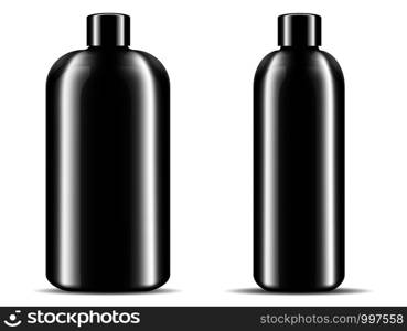 Two glossy black glass or plastic bottles set for shampoo, shower gel, soap bubble bath. Black cosmetic products packaging mockup illustration. 3d design template.. Two glossy black glass or plastic bottles set
