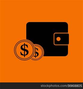 Two Golden Coins In Front Of Purse Icon. Black on Orange Background. Vector Illustration.