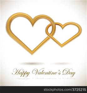 Two golden hearts linked together realistic vector illustration. Valentine s Day card.