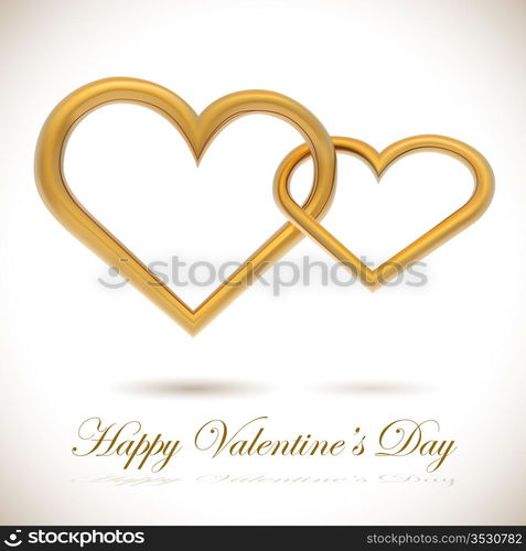 Two golden hearts linked together realistic vector illustration. Valentinea??s Day card.