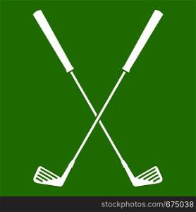 Two golf clubs icon white isolated on green background. Vector illustration. Two golf clubs icon green