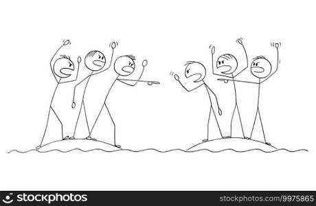 Two groups of angry people or nations fighting and arguing fro close islands, vector cartoon stick figure or character illustration.. Two Groups of People Arguing and Fighting From Close Islands, Vector Cartoon Stick Figure Illustration