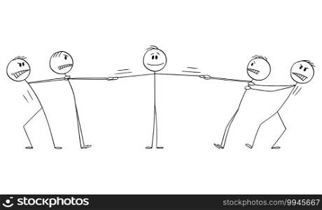 Two groups of men playing tug-of-war for man, client or employee , business vector cartoon stick figure or character illustration.. Two Groups of Men Playing Tug-of-War for Man or Customer, Vector Cartoon Stick Figure Illustration