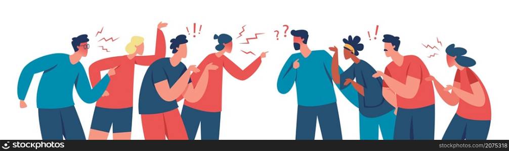 Two groups of people arguing and fighting, conflict among people. Angry characters having argument or disagreement vector illustration. Colleagues having debate or misunderstanding. Two groups of people arguing and fighting, conflict among people. Angry characters having argument or disagreement vector illustration