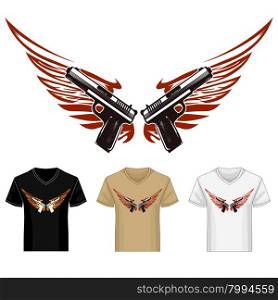Two guns guns with wings shirt template. Illustration in tattoo style.