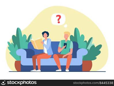 Two guys sitting on sofa with book and smartphone. Reading, device, couch flat vector illustration. Retro and digital technology concept for banner, website design or landing web page