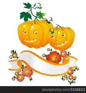 Two Halloween pumpkins and a floral banner