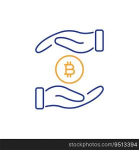 Two Hand holding Bitcoin coin icon. Save Money line icon. Global Cryptocurrency coin. Gold Bitcoin icon. Payment, safety money, protection of currency. Editable stroke. Vector illustration.. Two Hand holding Bitcoin coin icon. Save Money line icon. Global Cryptocurrency coin. Gold Bitcoin icon. Payment, safety money, protection of currency. Editable stroke. Vector illustration